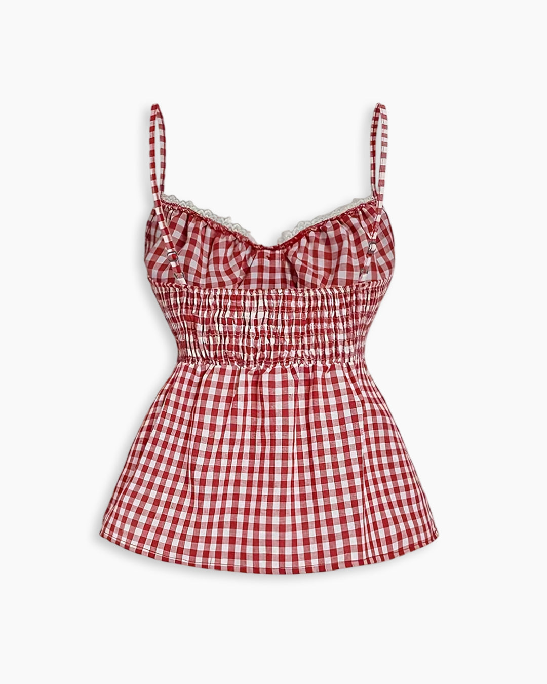 Plaid Button Lace Trim Spliced Spaghetti Strap Top in Red