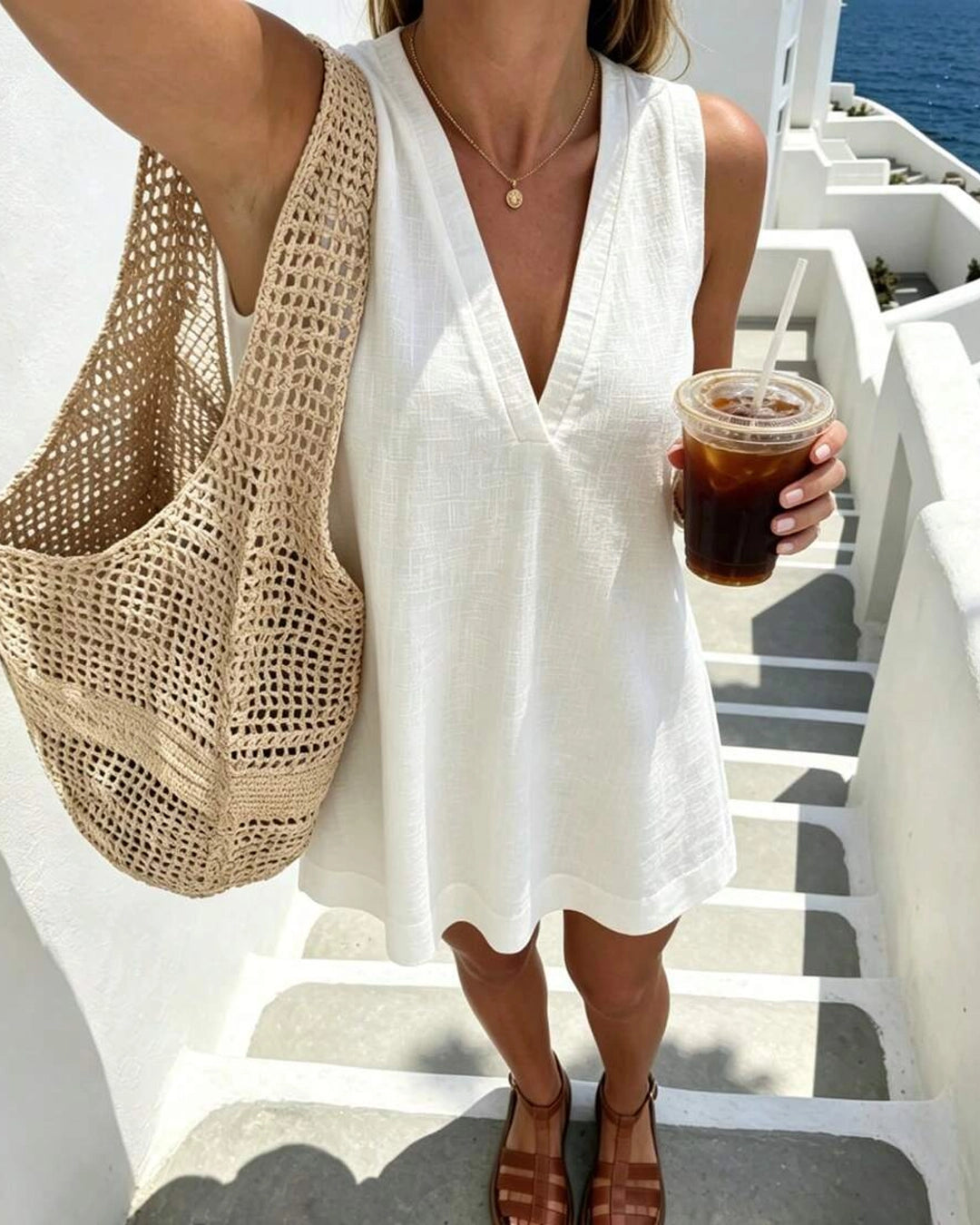 Casual V-Neck Sleeveless Relaxed Fit Mini Dress in Classic White