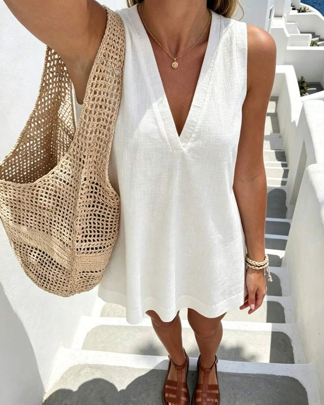 Casual V-Neck Sleeveless Relaxed Fit Mini Dress in Classic White