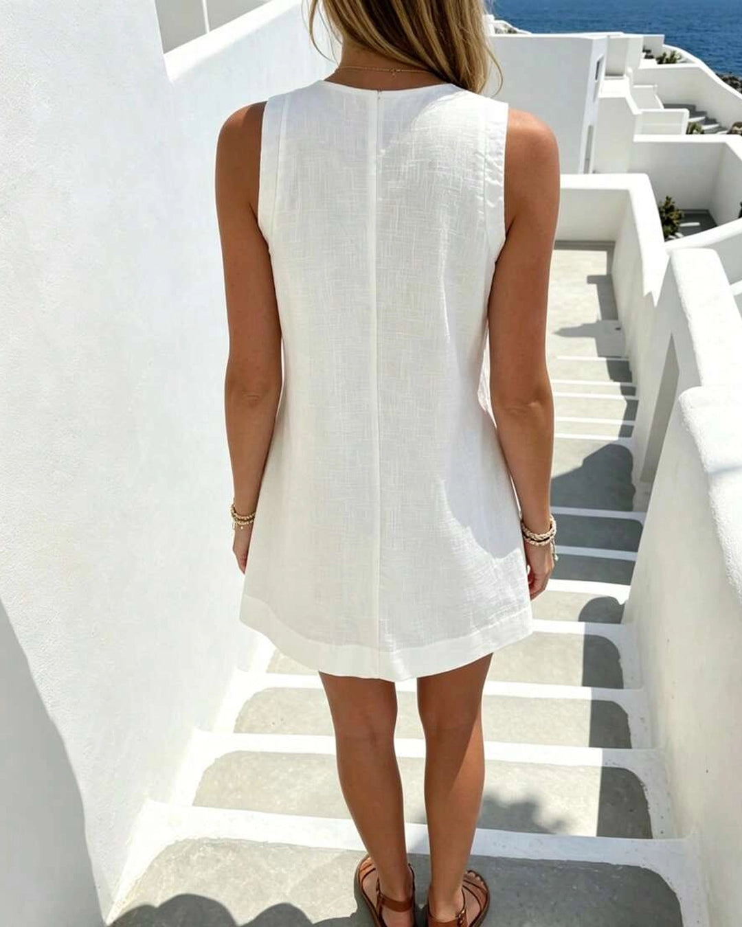 Casual V-Neck Sleeveless Relaxed Fit Mini Dress in Classic White