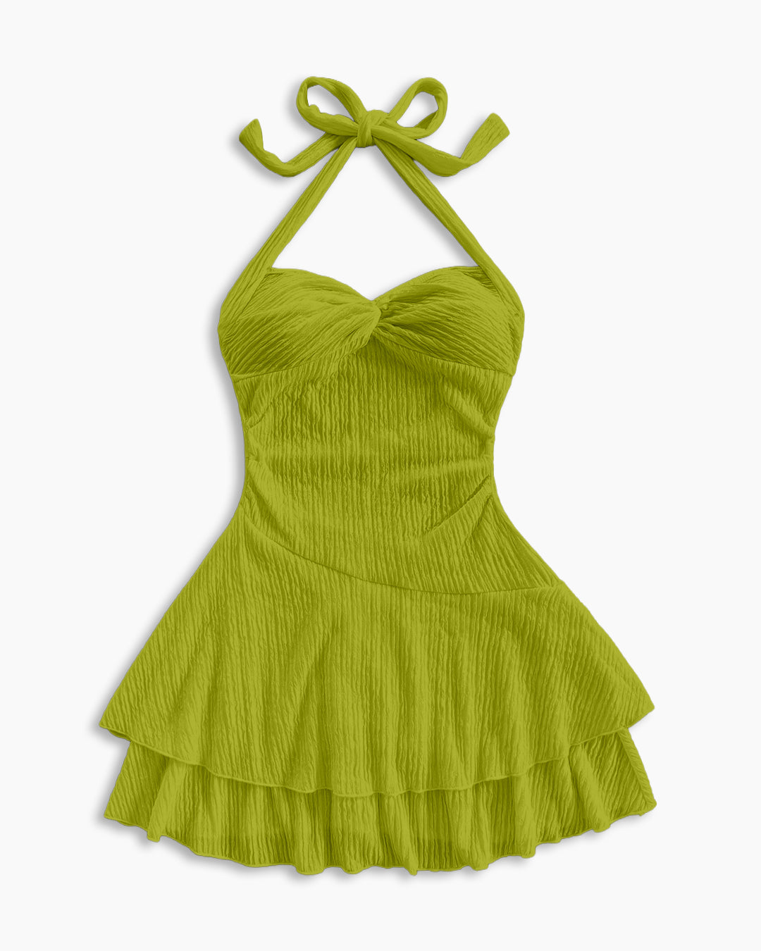 Halter Neck Sleeveless Layered Hem Fit and Flare Mini Dress in Dark Citron