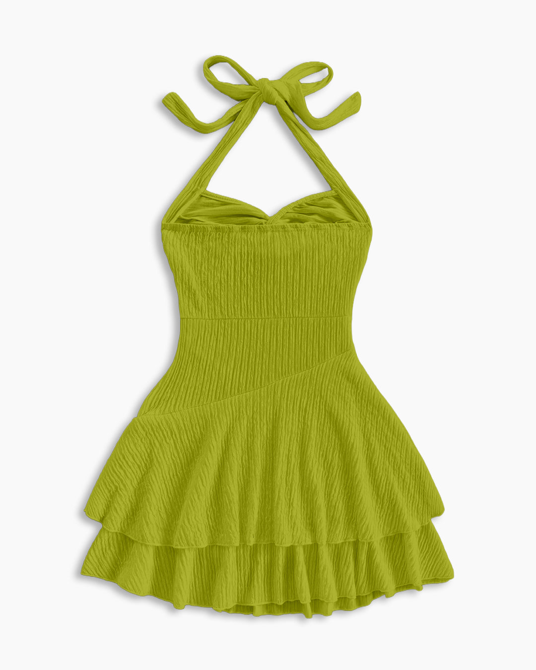 Halter Neck Sleeveless Layered Hem Fit and Flare Mini Dress in Dark Citron