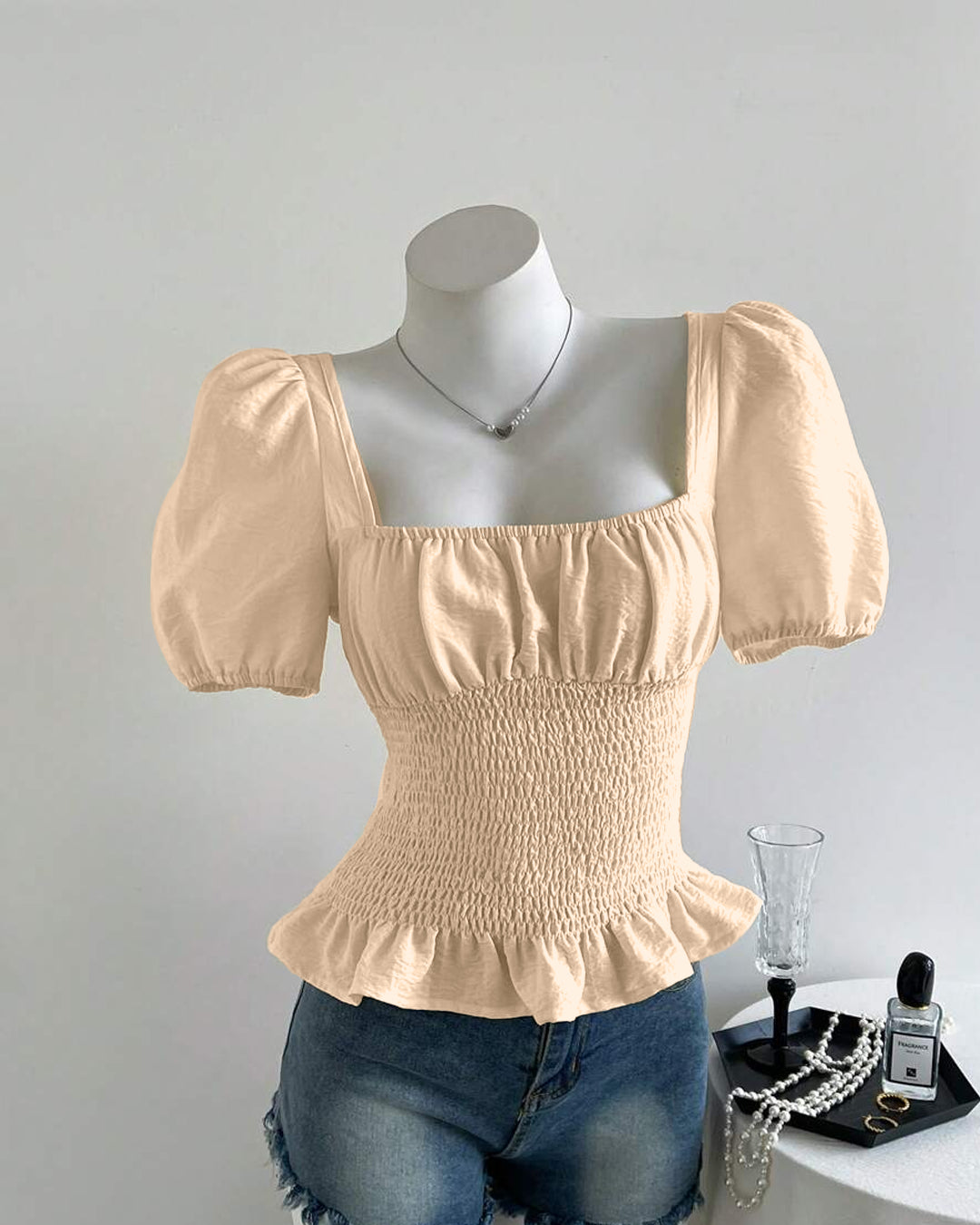 Smocked Peplum Puff Sleeve Top in Peach