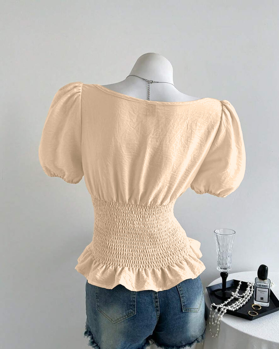 Smocked Peplum Puff Sleeve Top in Peach