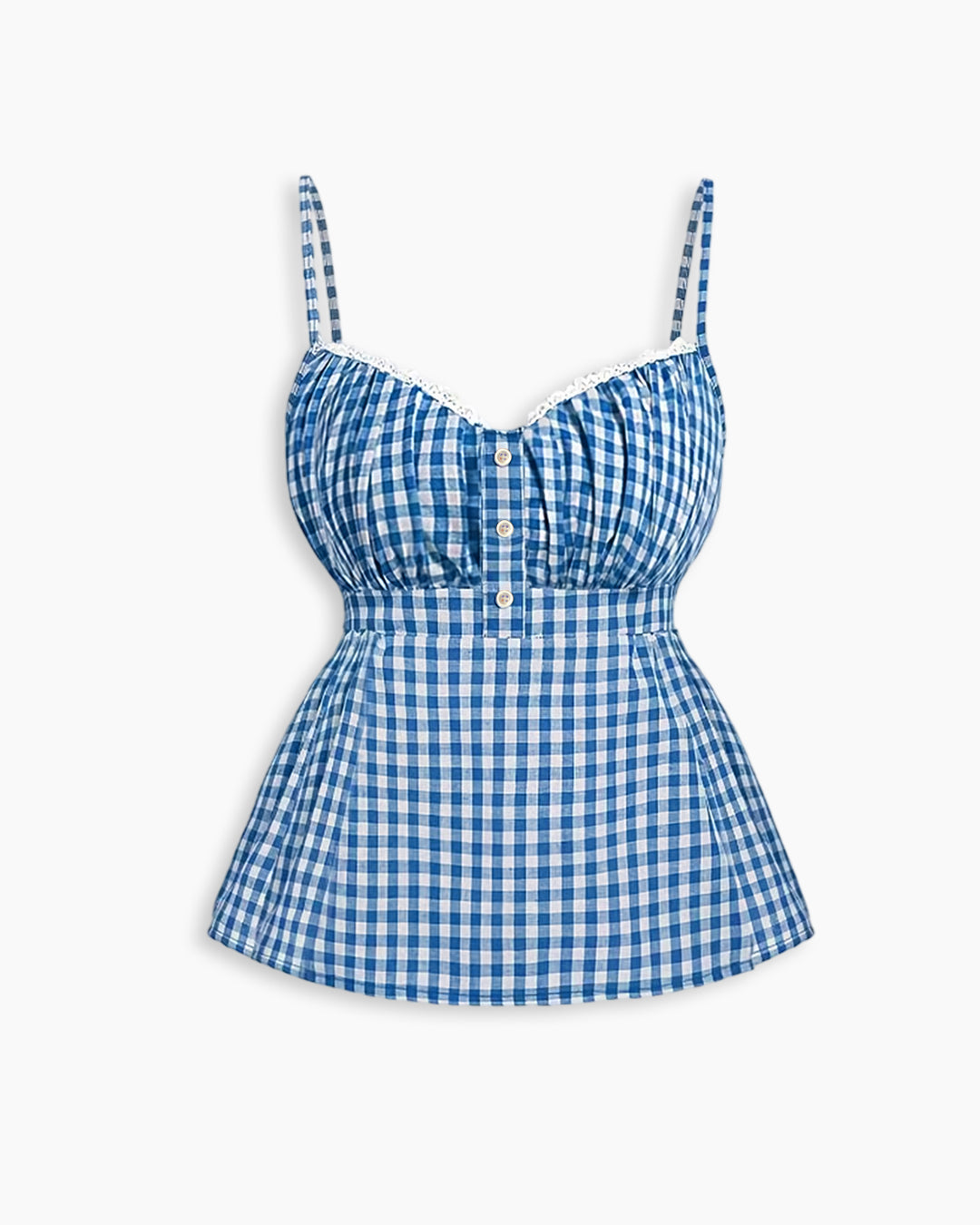 Plaid Button Lace Trim Spliced Spaghetti Strap Top in Sky Blue