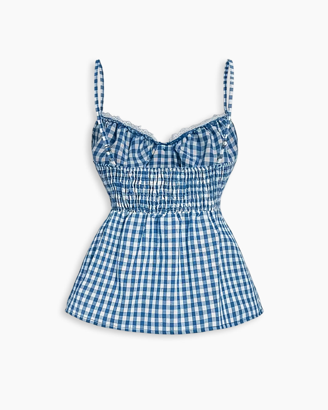 Plaid Button Lace Trim Spliced Spaghetti Strap Top in Sky Blue