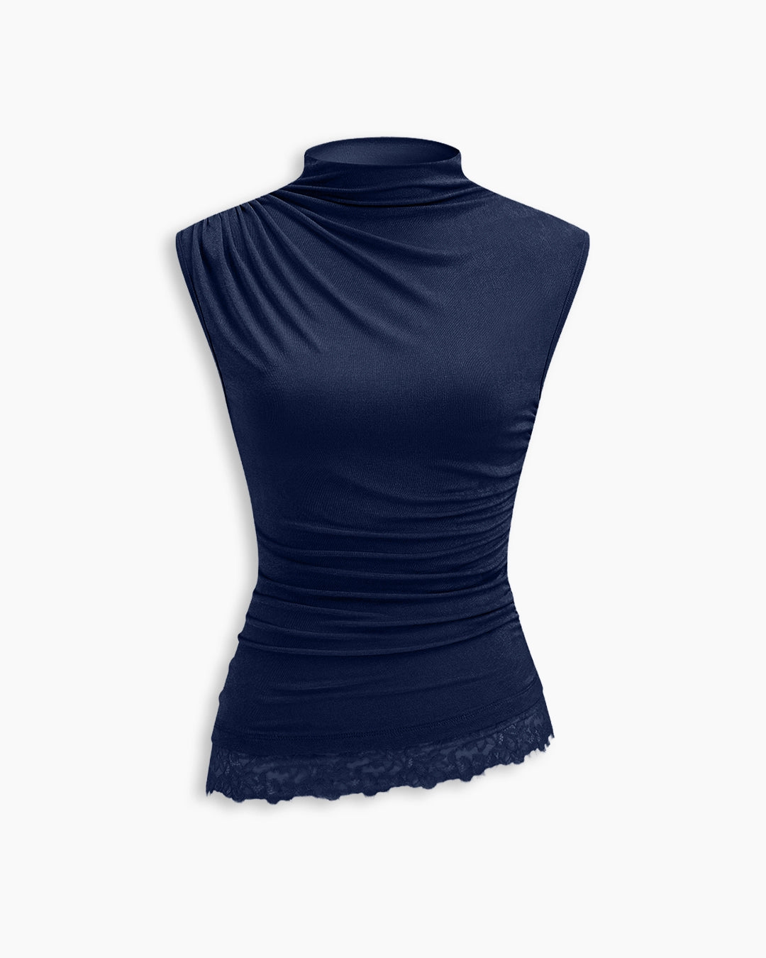 High Neck Sleeveless Lace Hem Slim Fit Top in Navy Blue