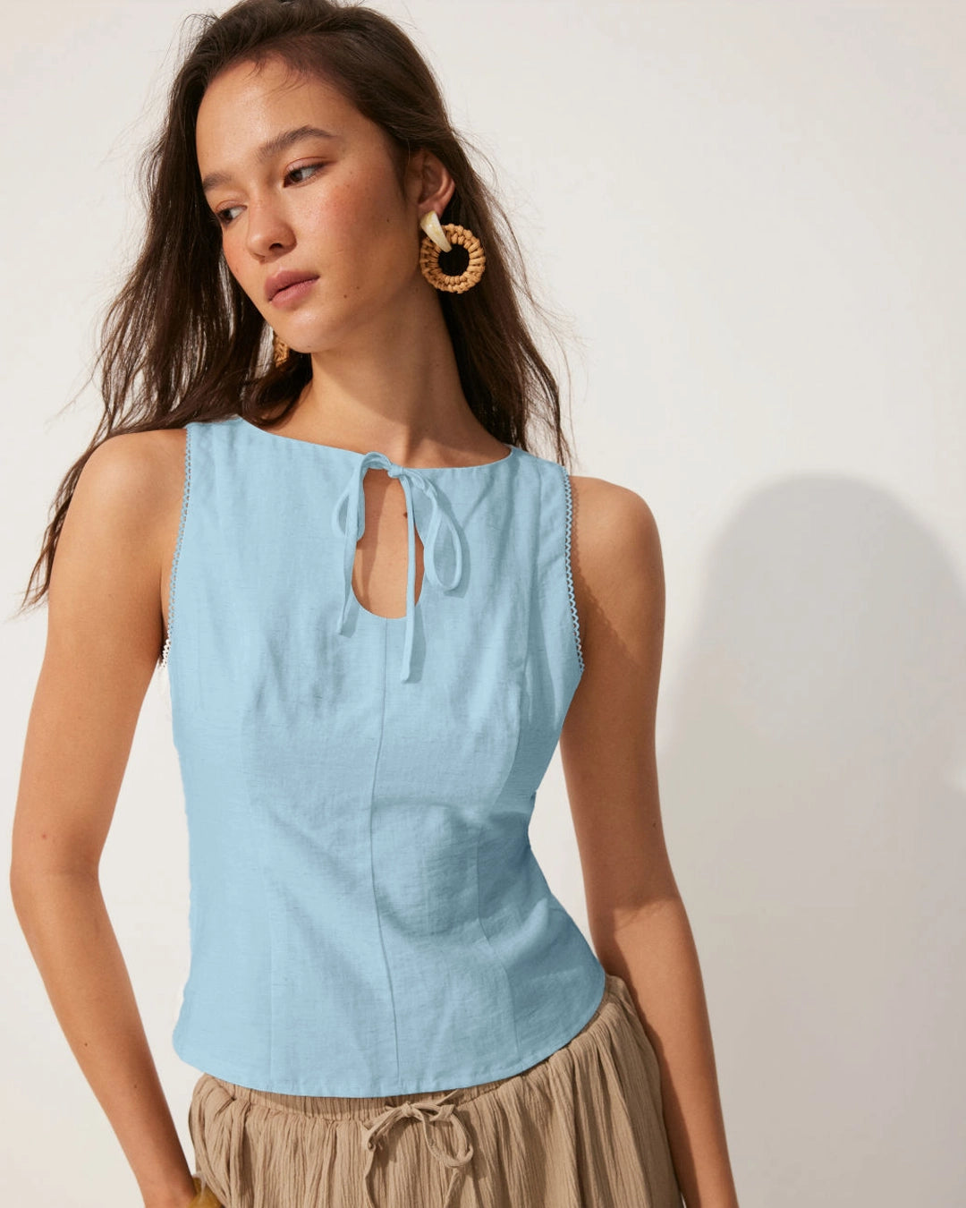 Boat Neck Tie-Up Detail Tailored Fit Top in Powder Blue