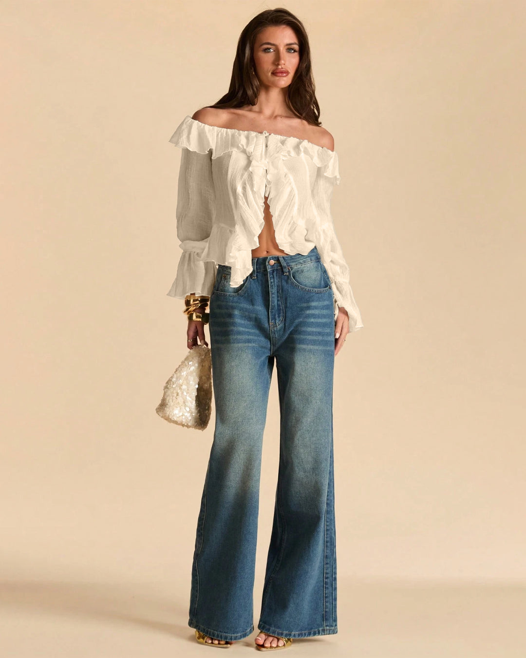 Off-Shoulder Ruffle Hem Tie-Front Crop Top in Cream