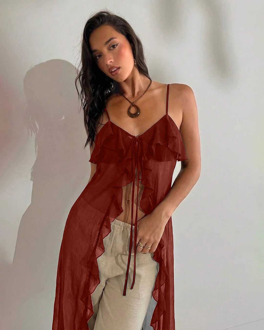Spaghetti Strap Ruffle Hem Sheer Longline Top in Merlot