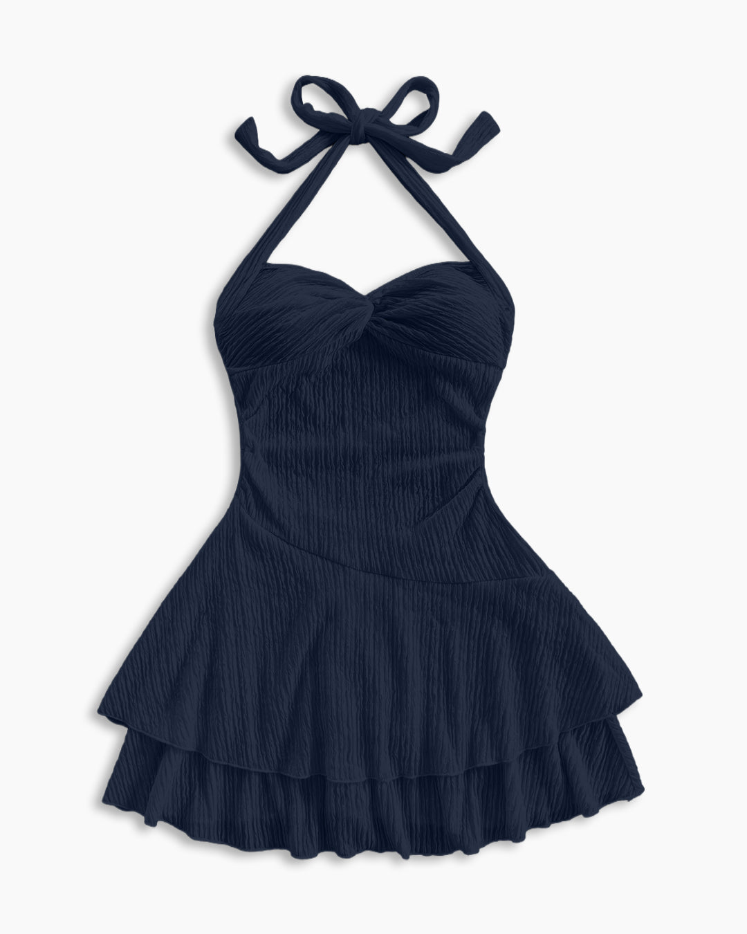 Halter Neck Sleeveless Layered Hem Fit and Flare Mini Dress in Pageant Blue