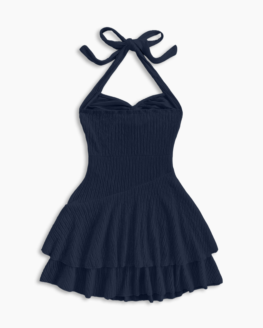 Halter Neck Sleeveless Layered Hem Fit and Flare Mini Dress in Pageant Blue