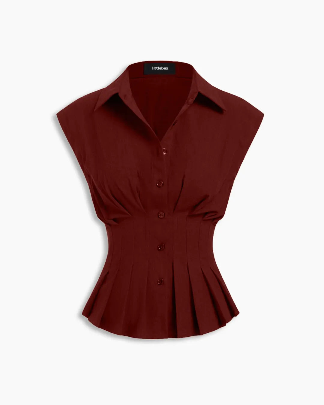 Casual Shirt Collar Tailored Fit Pleated Hem Top in Merlot