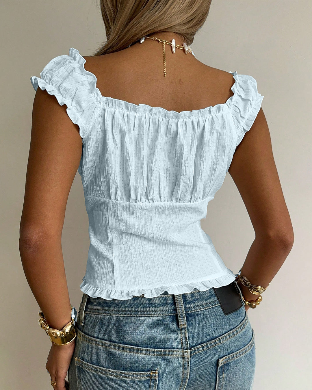Sweetheart Neck Ruffle Strap Smocked Corset Top in Powder Blue