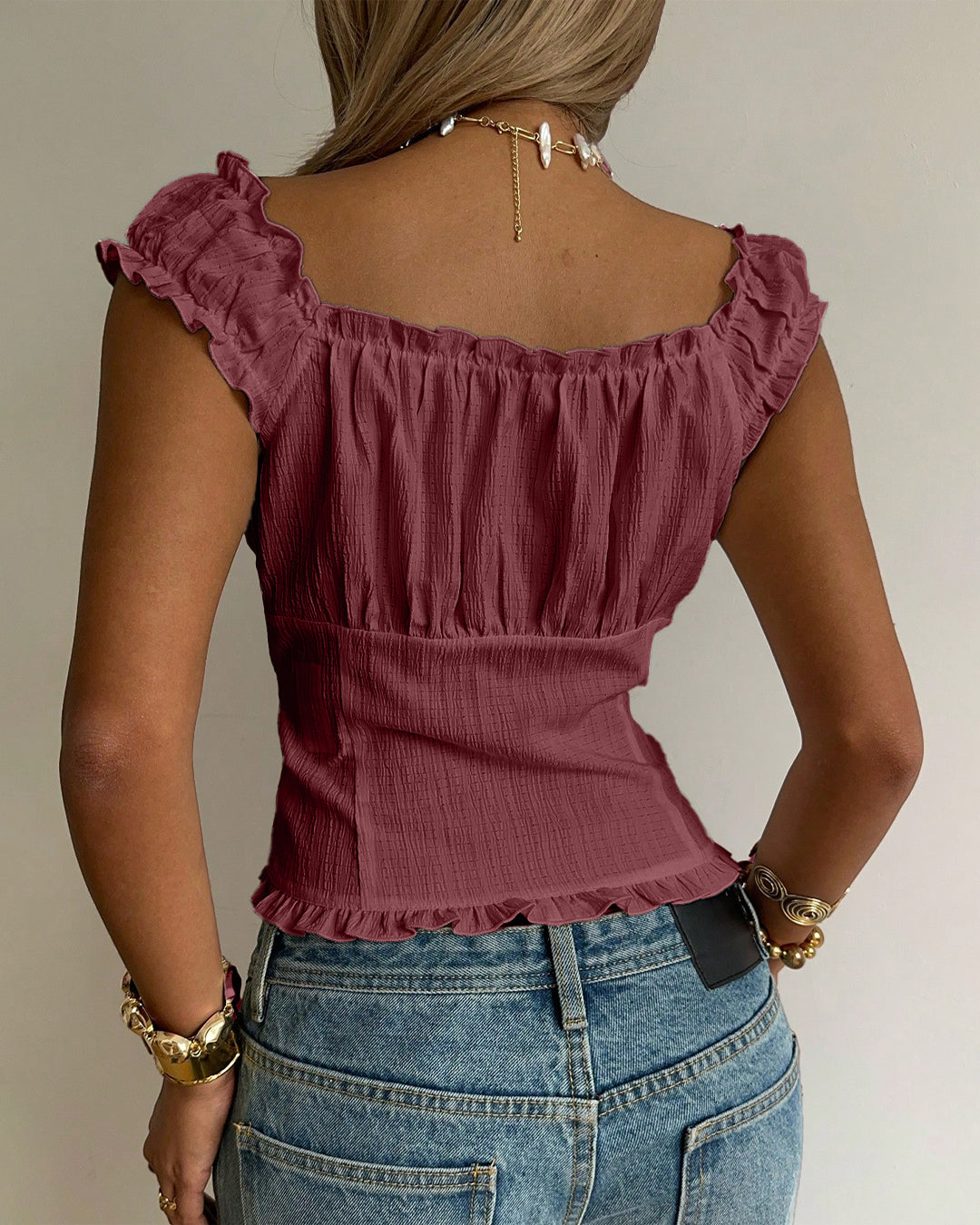 Sweetheart Neck Ruffle Strap Smocked Corset Top in Merlot