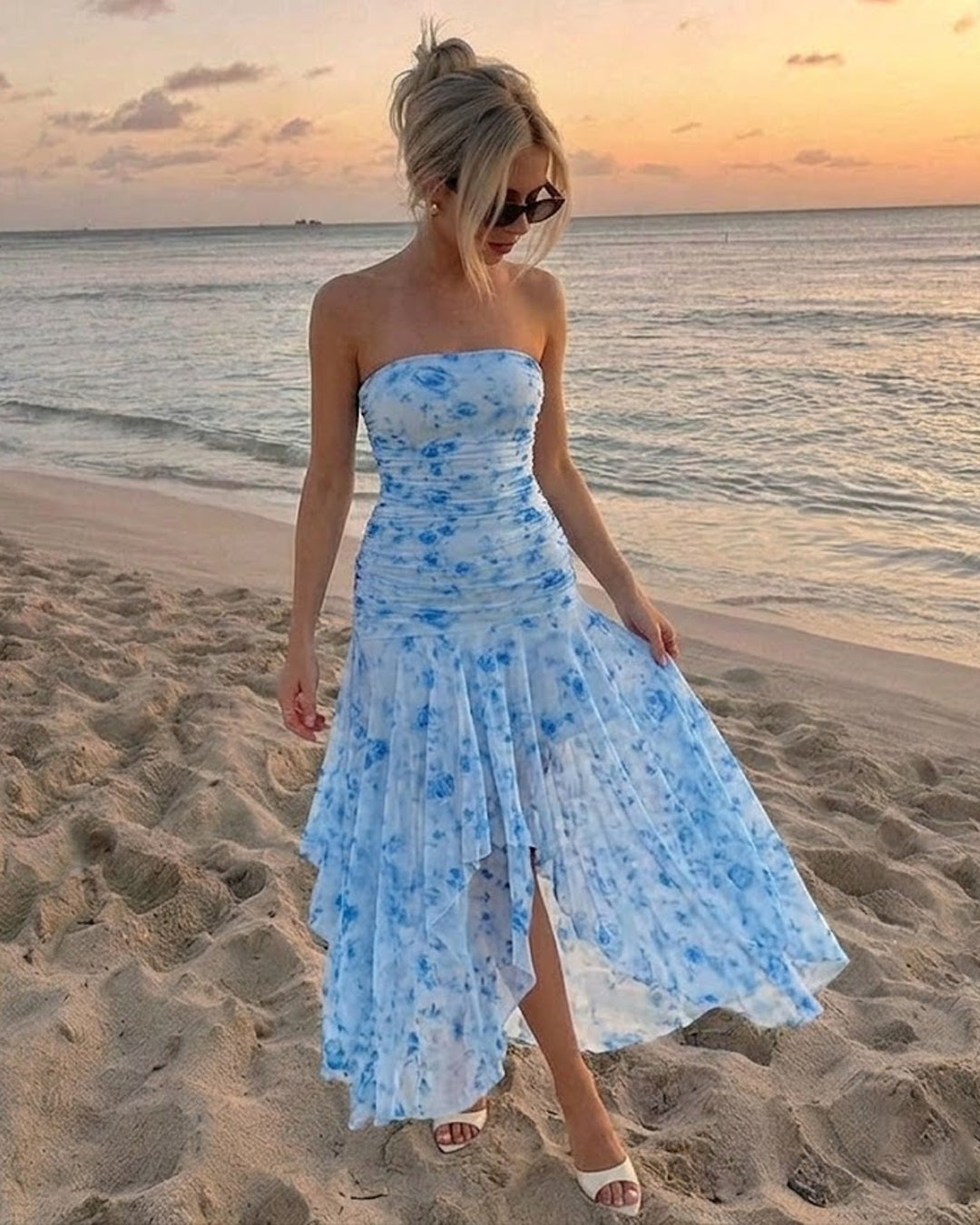 Strapless Bodycon Asymmetrical Hem Sleeveless Floral Midi Dress in Sky Blue