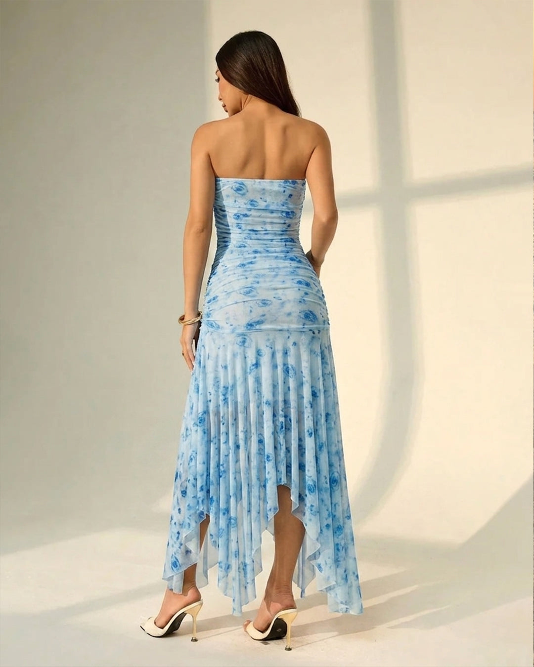 Strapless Bodycon Asymmetrical Hem Sleeveless Floral Midi Dress in Sky Blue
