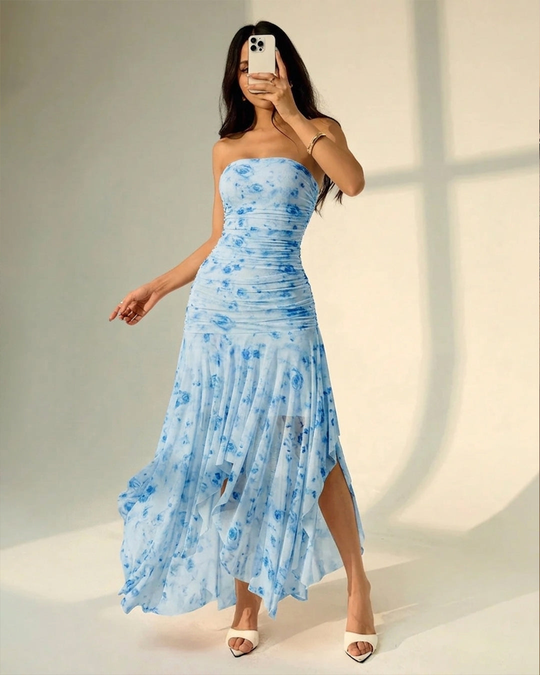 Strapless Bodycon Asymmetrical Hem Sleeveless Floral Midi Dress in Sky Blue