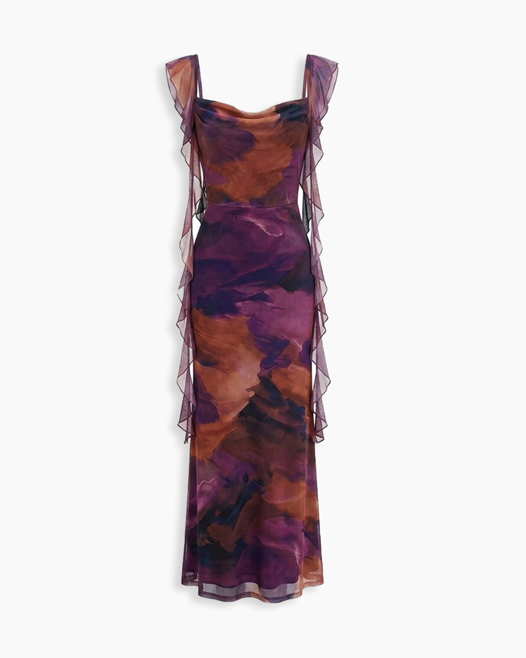 Mesh Ruffle Abstract Print Maxi Dress