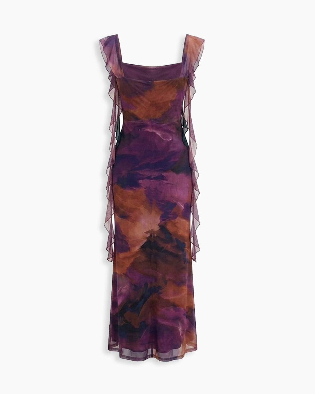 Mesh Ruffle Abstract Print Maxi Dress