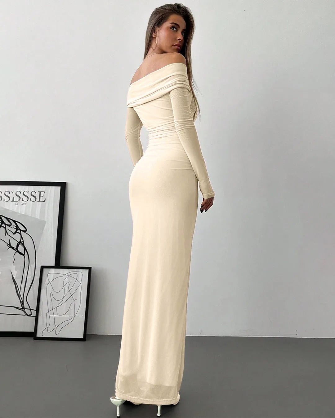 Off Shoulder Mesh Ruched Fitted Dress With Long Sleeve In Cream