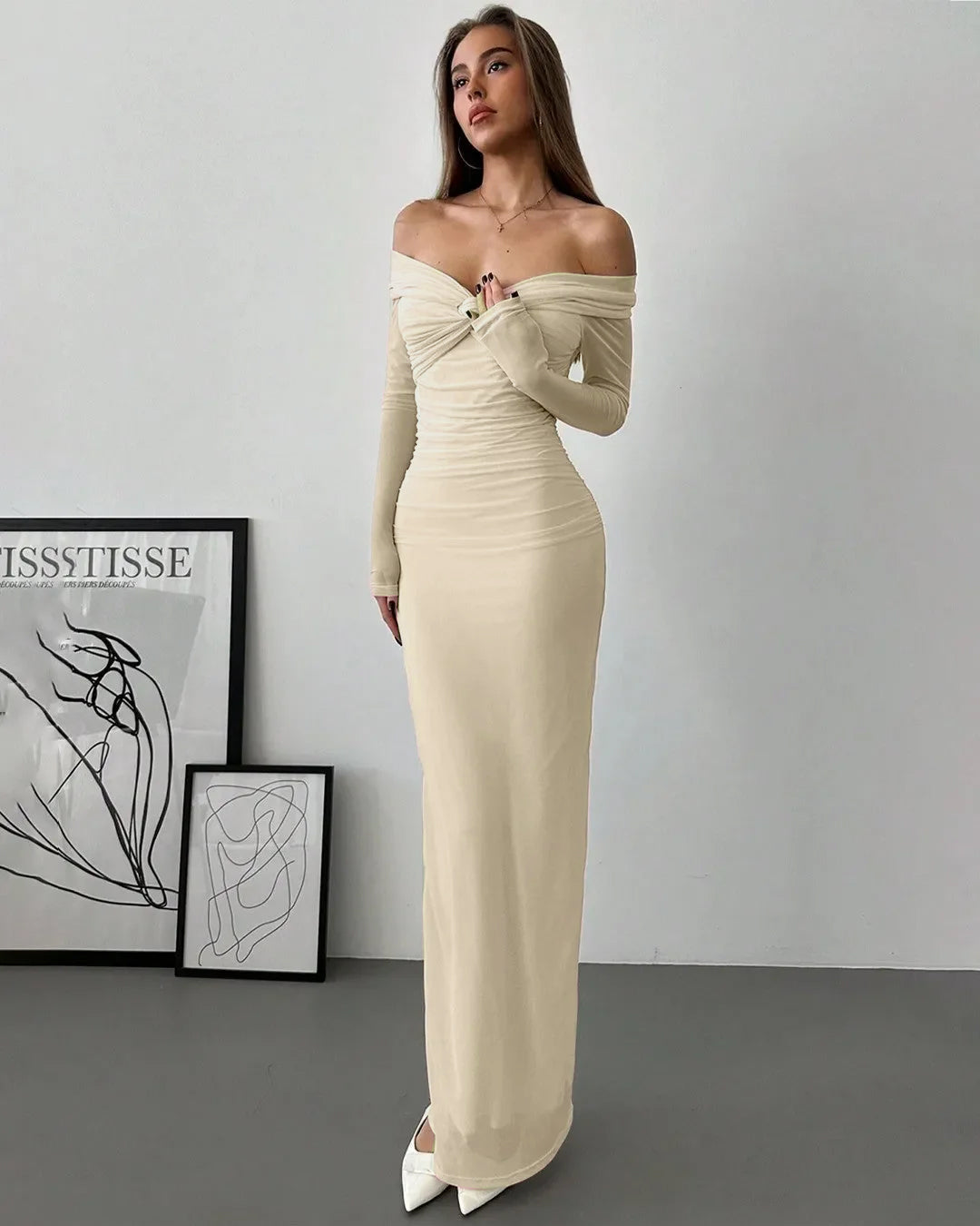 Off Shoulder Mesh Ruched Fitted Dress With Long Sleeve In Cream