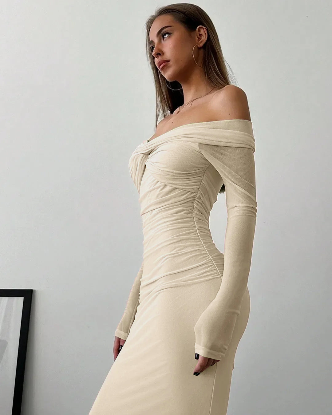 Off Shoulder Mesh Ruched Fitted Dress With Long Sleeve In Cream
