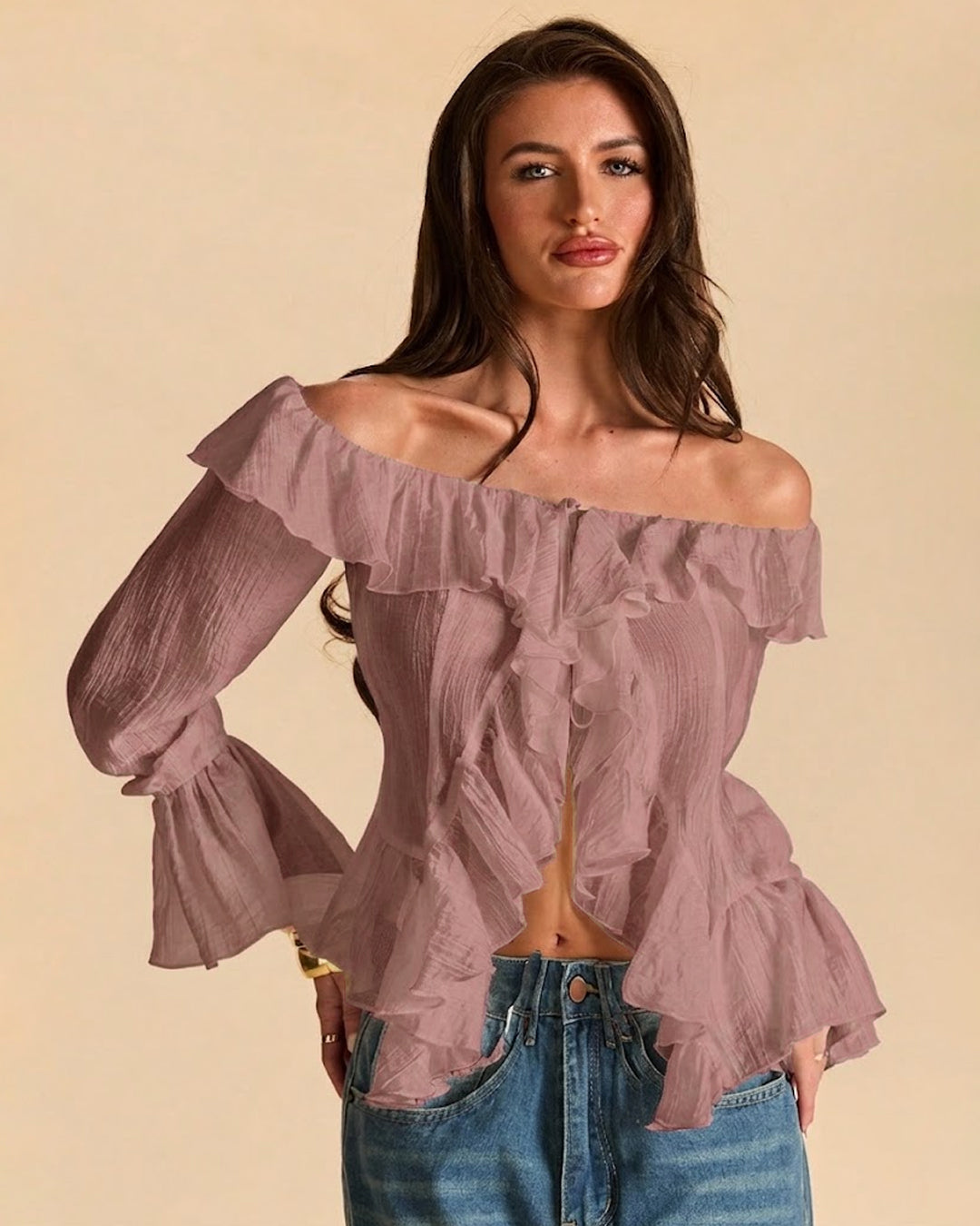Off-Shoulder Ruffle Hem Tie-Front Crop Top in Dusty Pink