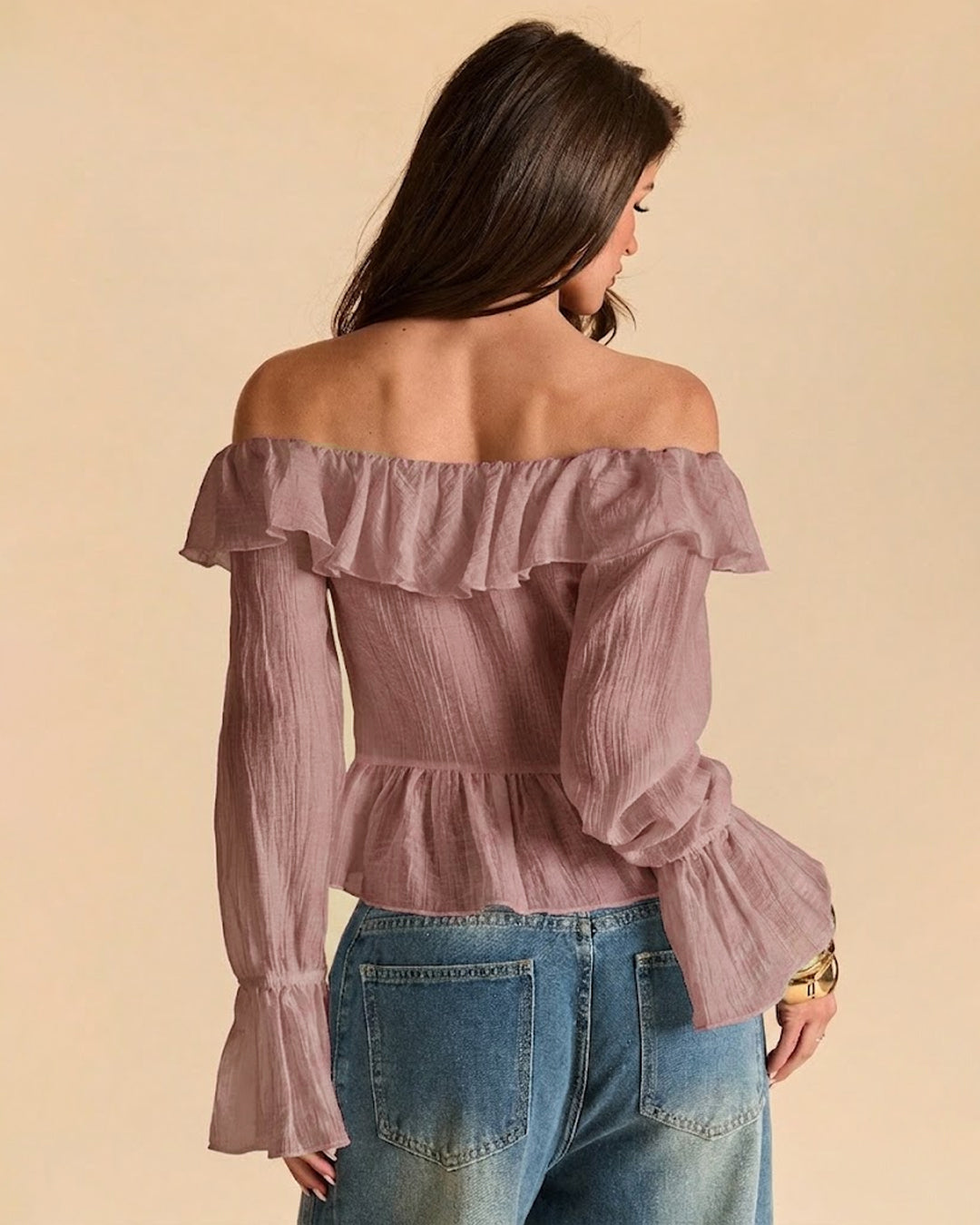 Off-Shoulder Ruffle Hem Tie-Front Crop Top in Dusty Pink