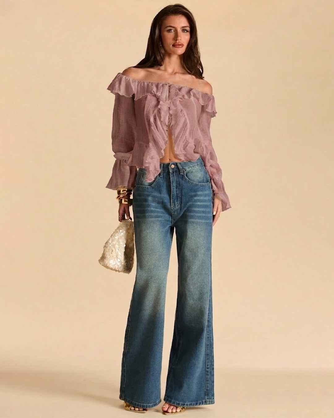 Off-Shoulder Ruffle Hem Tie-Front Crop Top in Dusty Pink