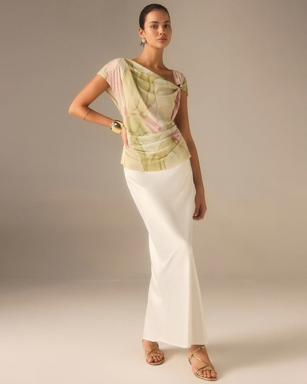 Asymmetric Neck Curved Hem Half Sleeve Top in Warm Beige