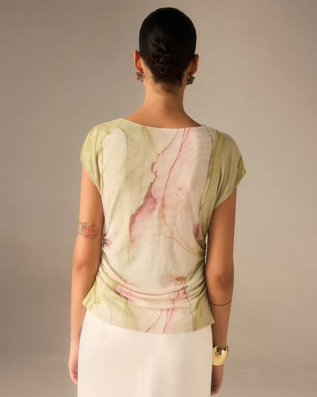 Asymmetric Neck Curved Hem Half Sleeve Top in Warm Beige