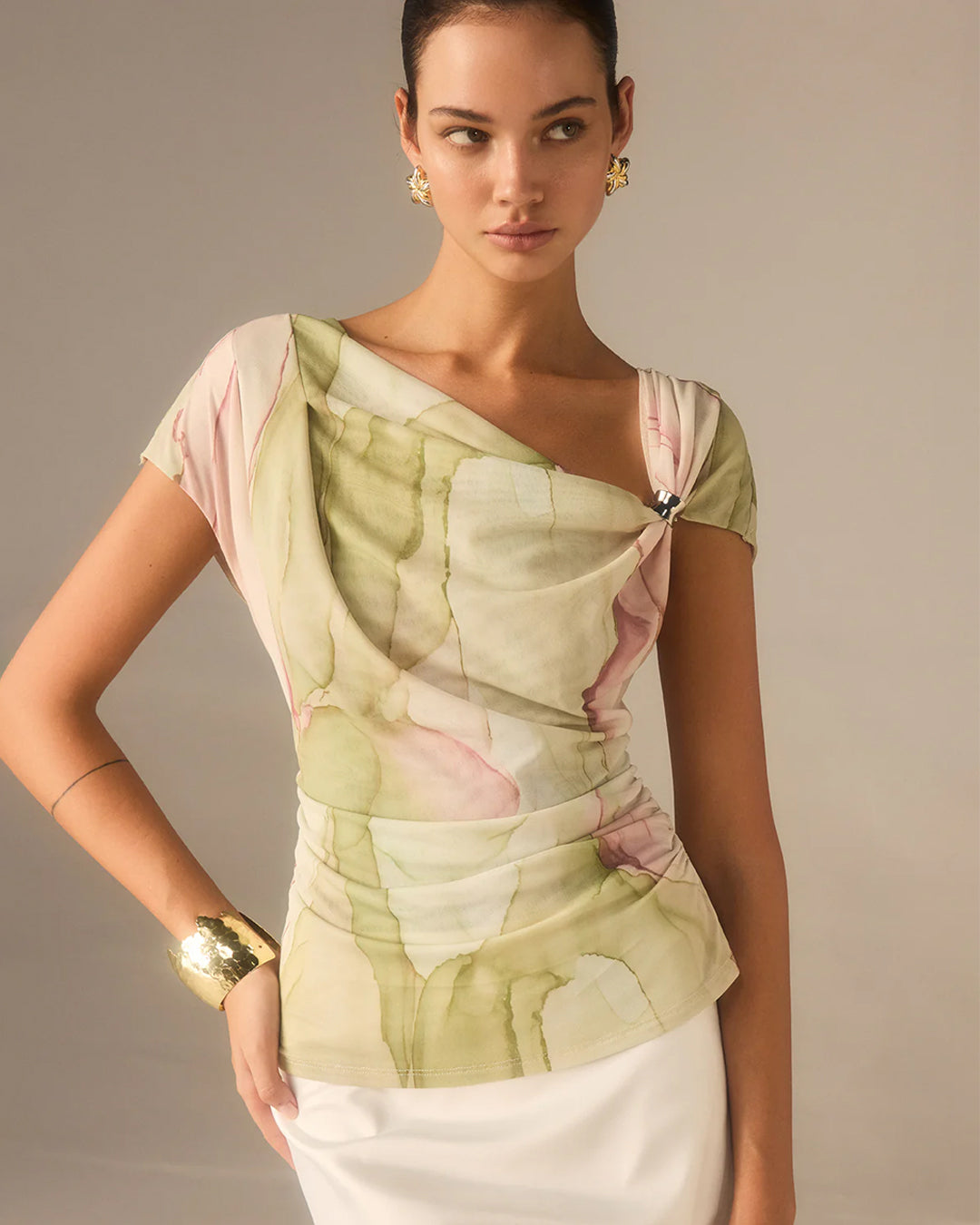 Asymmetric Neck Curved Hem Half Sleeve Top in Warm Beige