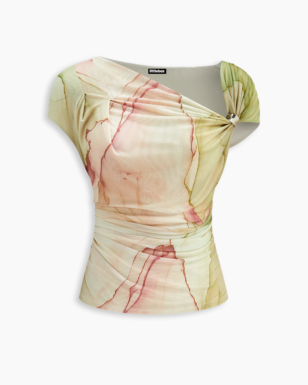 Asymmetric Neck Curved Hem Half Sleeve Top in Warm Beige