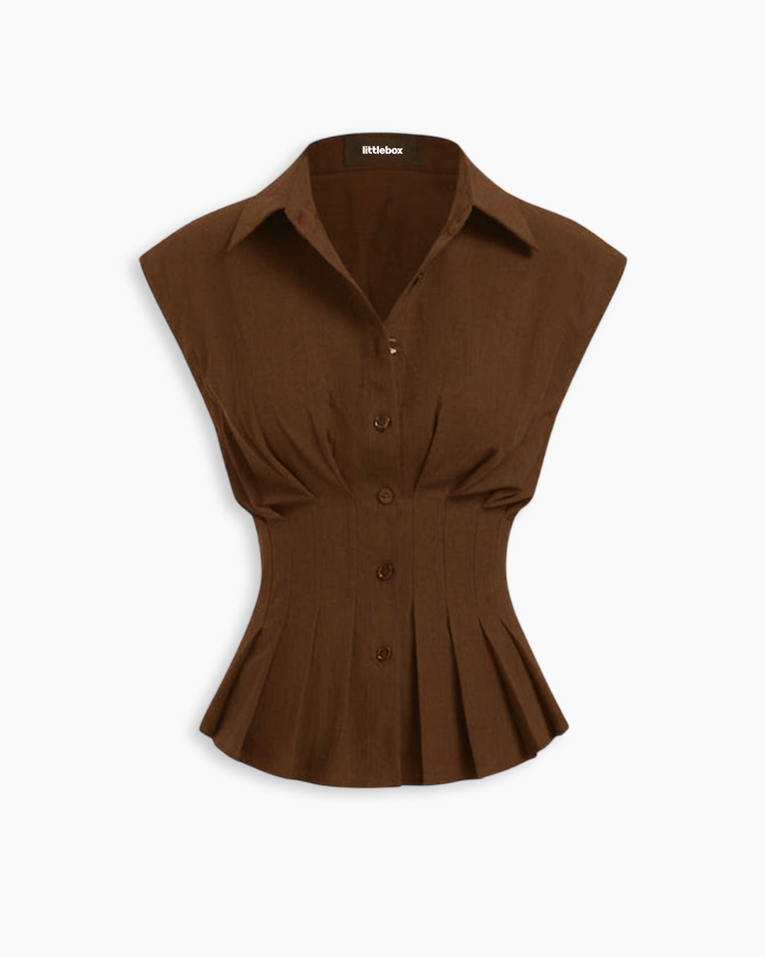 Casual Shirt Collar Tailored Fit Pleated Hem Top in Espresso Brown