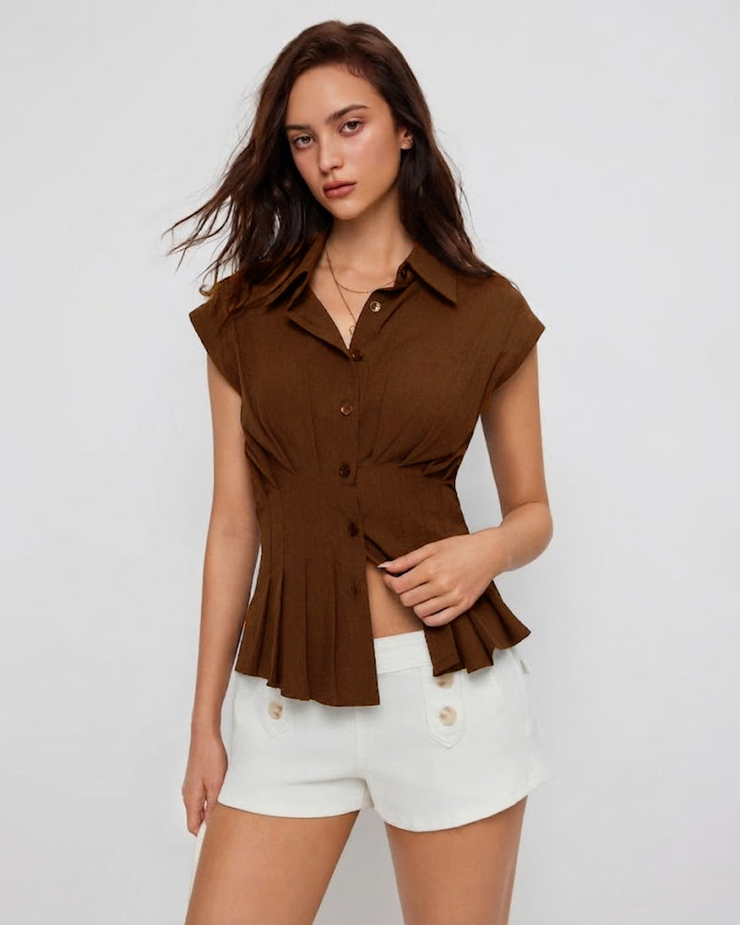 Casual Shirt Collar Tailored Fit Pleated Hem Top in Espresso Brown