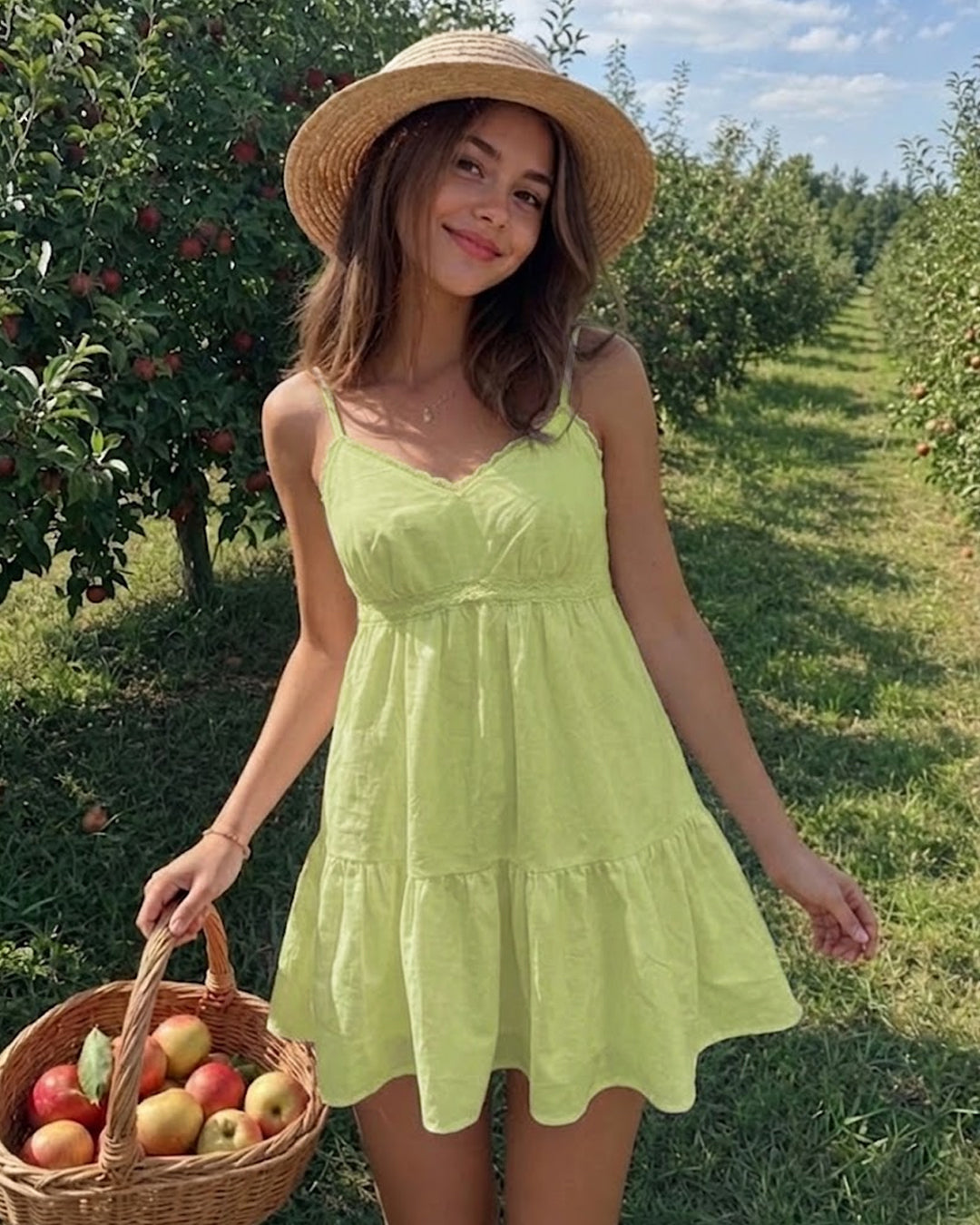 Spaghetti Strap Deep V-Neck Flowy Mini Dress In Lime Green