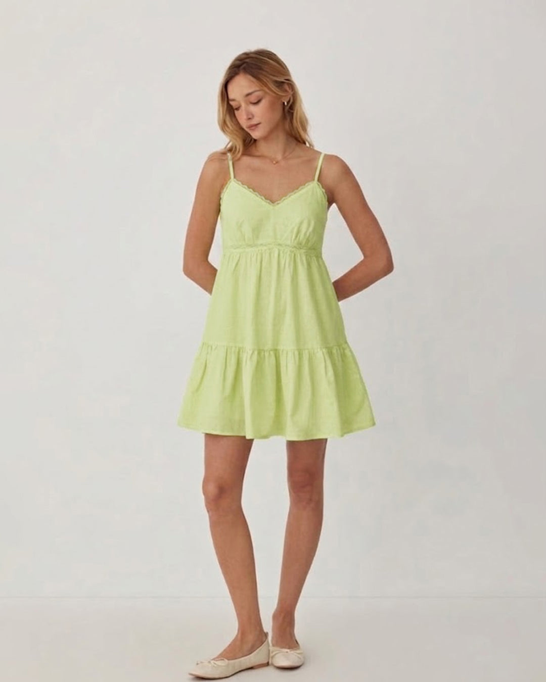 Spaghetti Strap Deep V-Neck Flowy Mini Dress In Lime Green