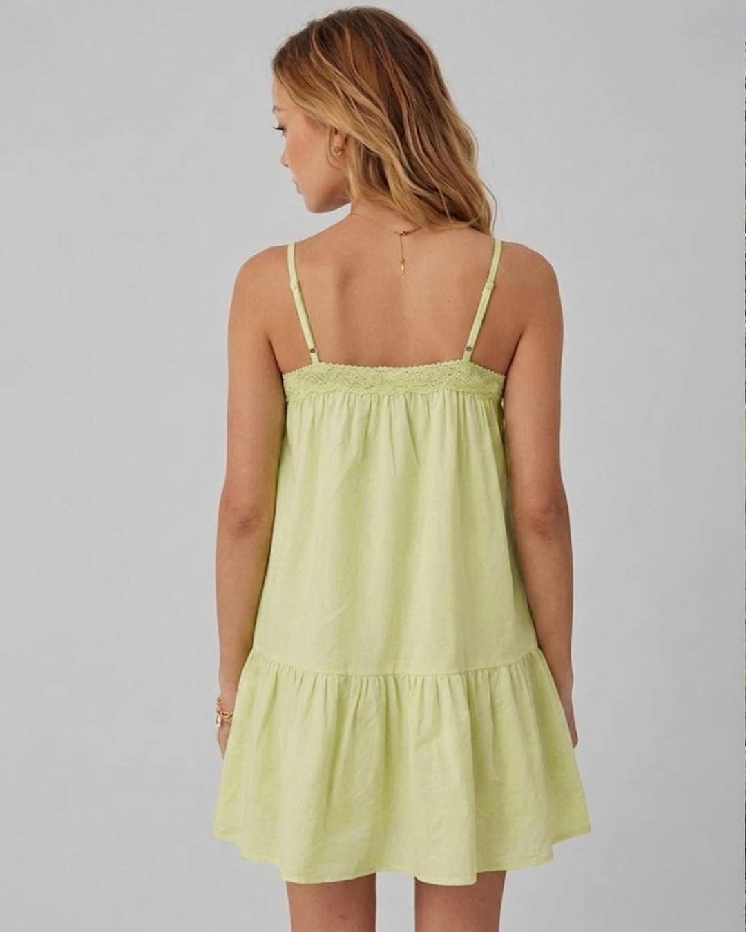 Spaghetti Strap Deep V-Neck Flowy Mini Dress In Lime Green