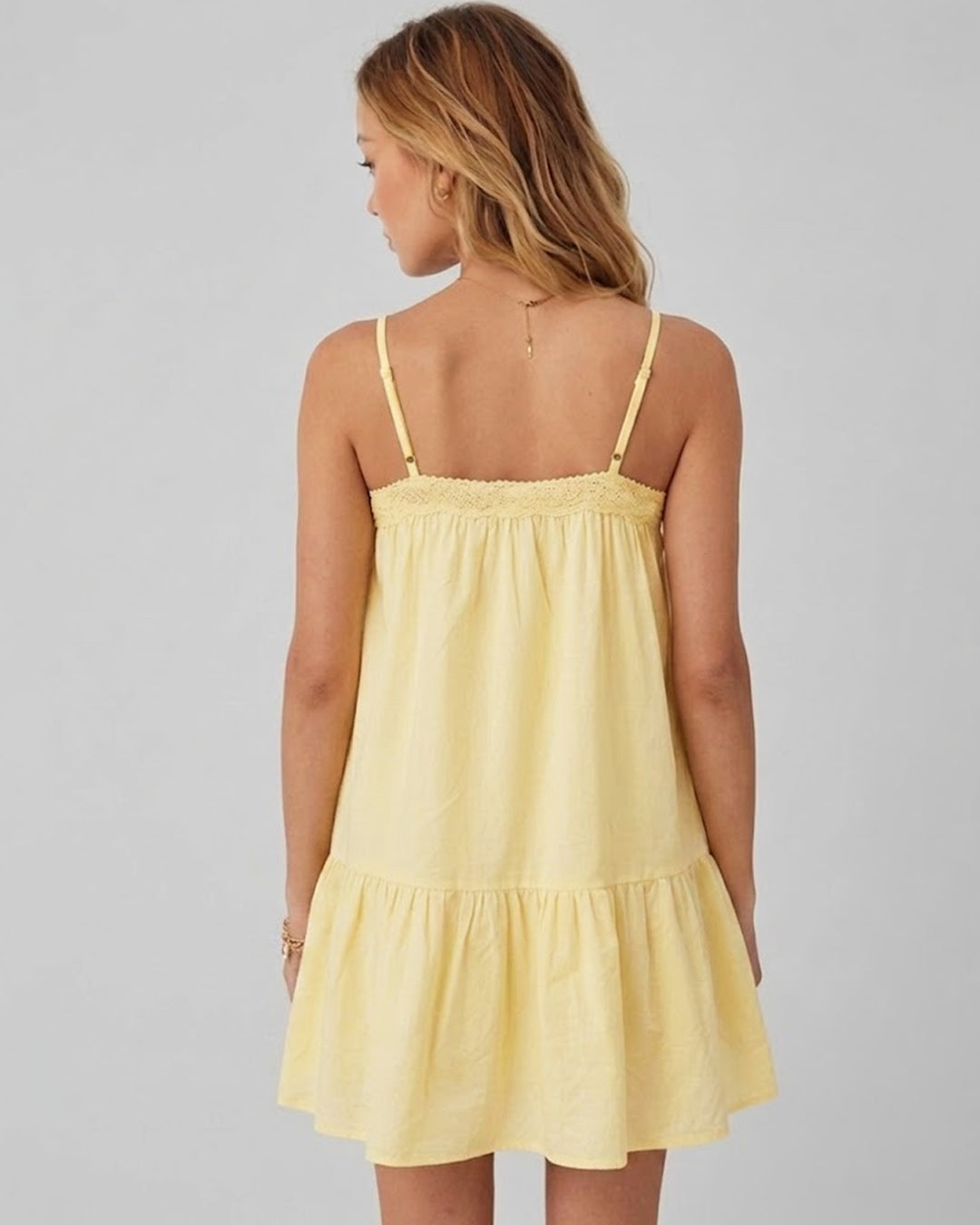Spaghetti Strap Deep V-Neck Flowy Mini Dress in Pastel Yellow