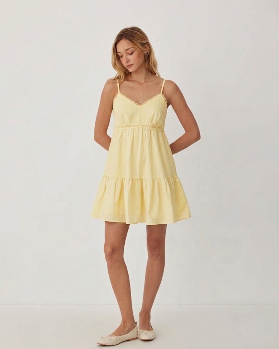 Spaghetti Strap Deep V-Neck Flowy Mini Dress in Pastel Yellow
