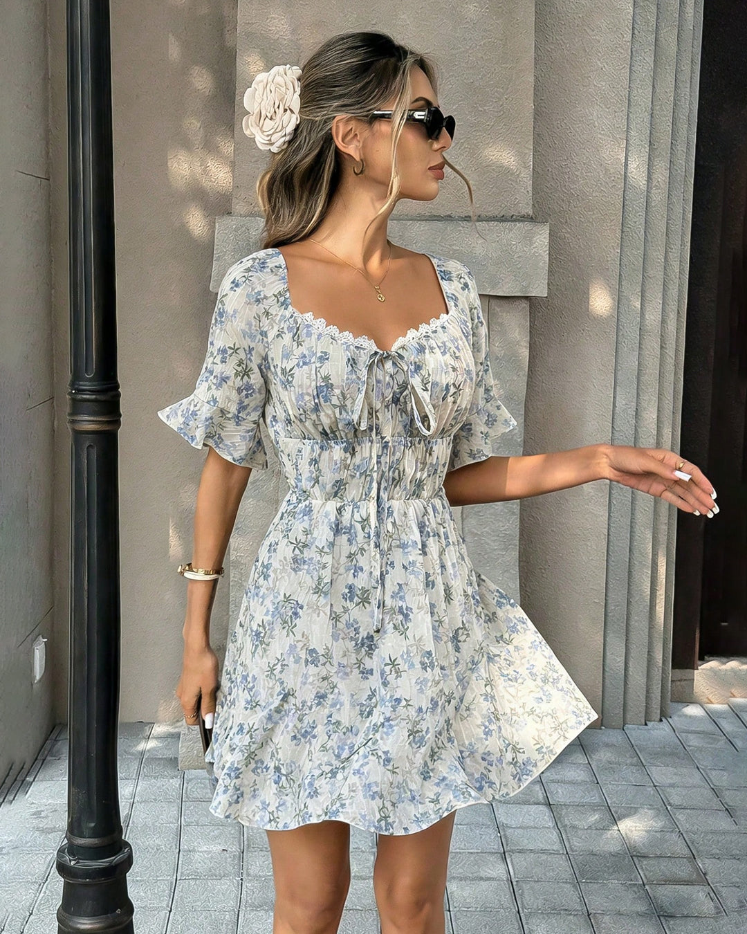 Smocked Waist Mini Floral Dress In Classic White