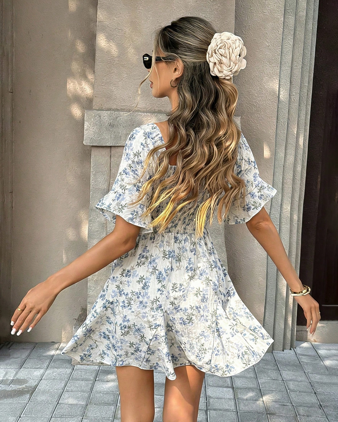 Smocked Waist Mini Floral Dress In Classic White