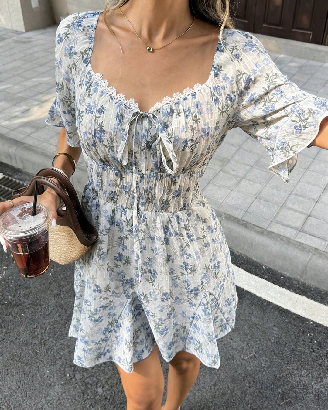 Smocked Waist Mini Floral Dress In Classic White