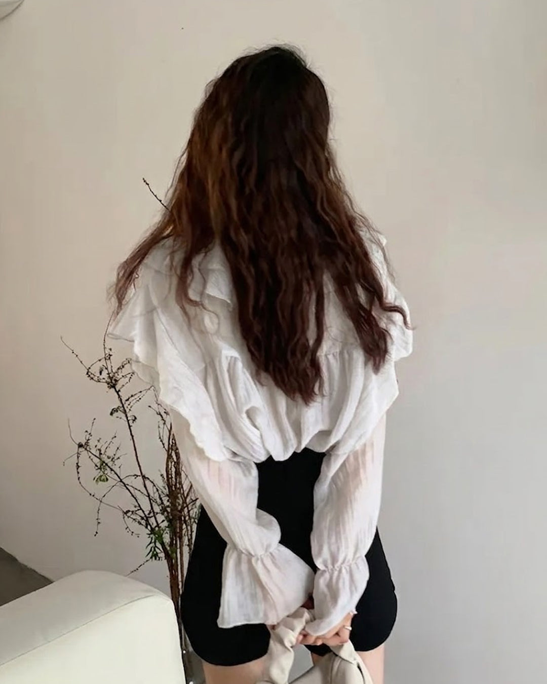 V-Neck Ruffle Trim Full Sleeve Top in Classic White