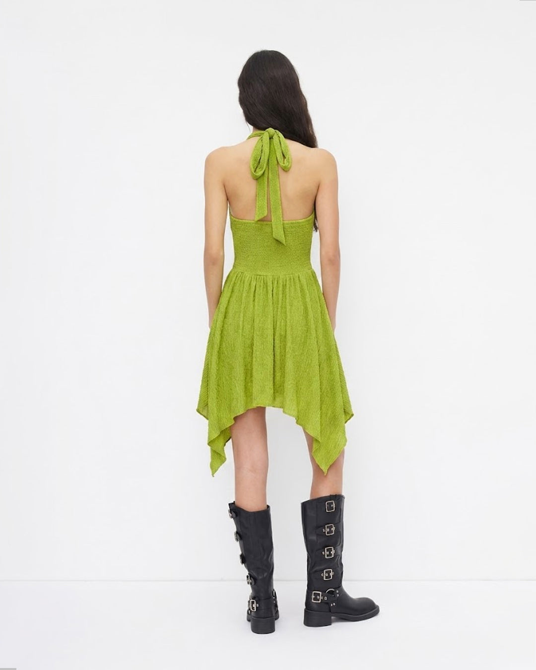 Halter Neck Asymmetric Hem Fit and Flare Mini Dress in Dark Citron