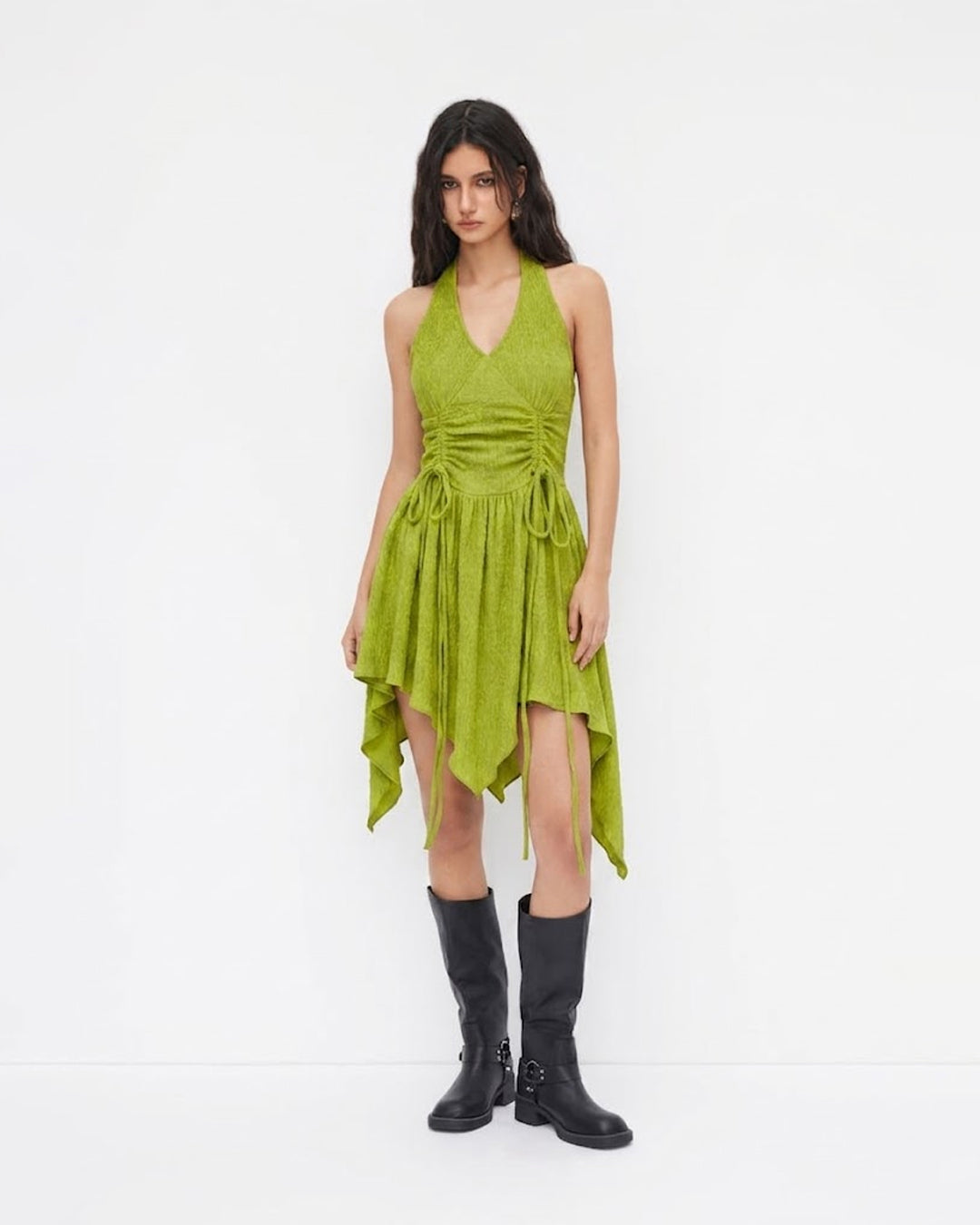 Halter Neck Asymmetric Hem Fit and Flare Mini Dress in Dark Citron