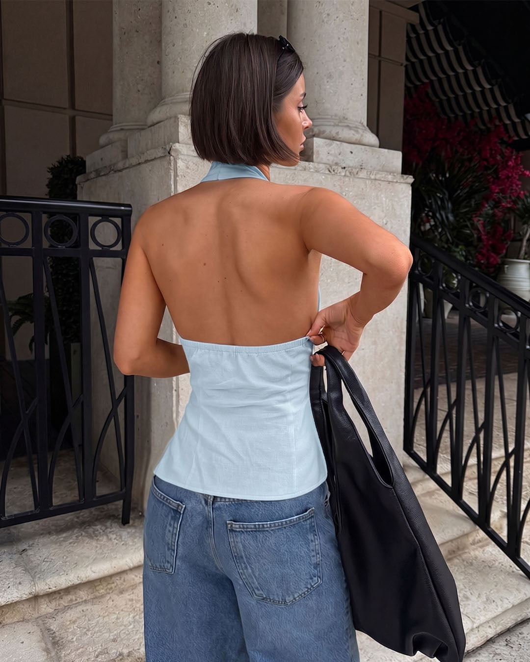 Halter Neck Keyhole Tie-Up Top in Baby Blue