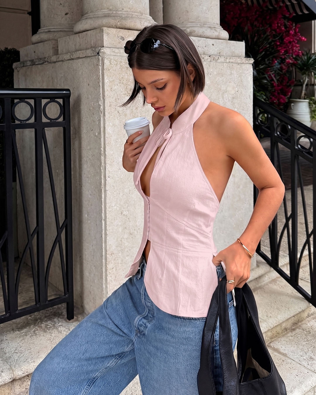 Halter Neck Keyhole Tie-Up Top in Dusty Pink