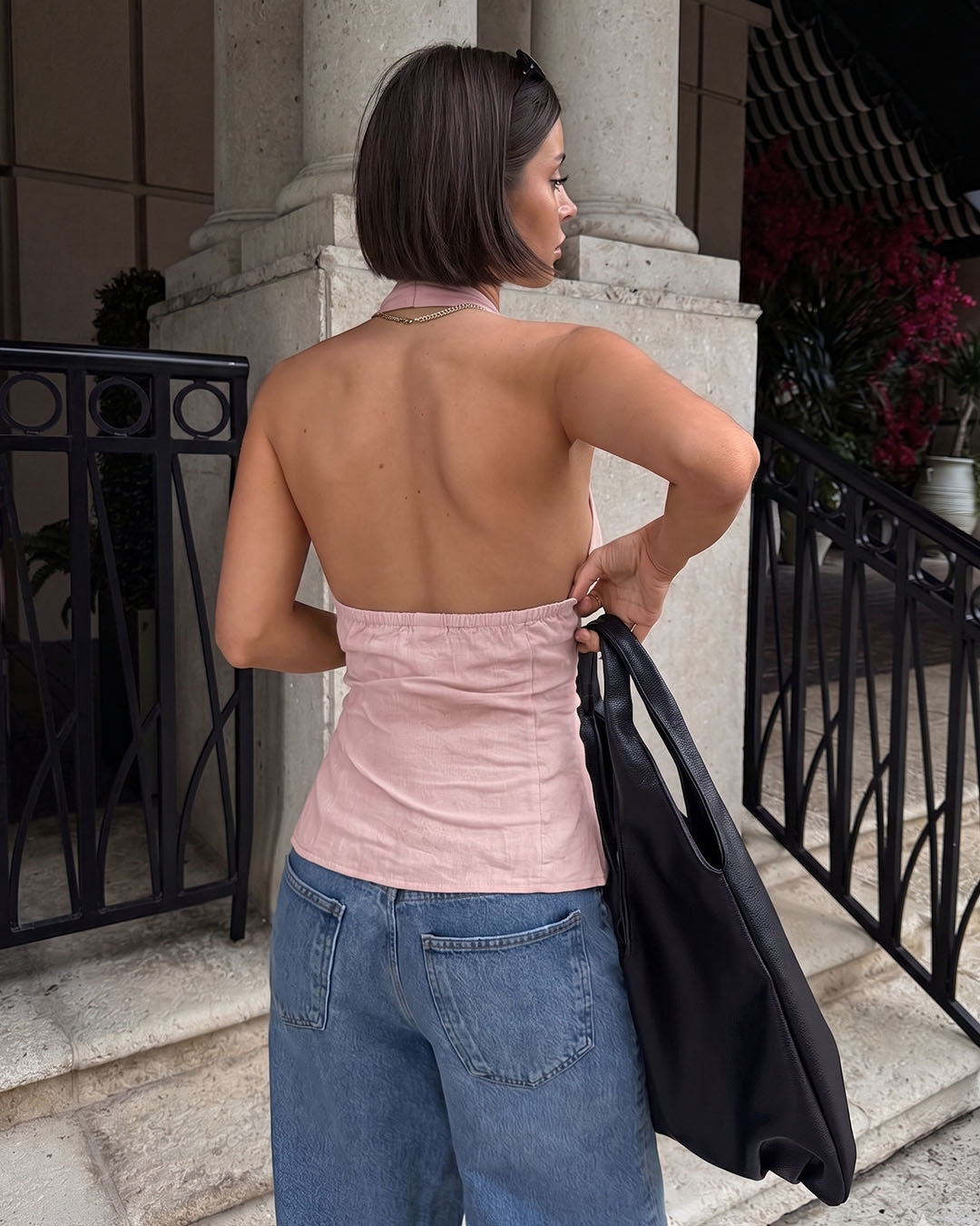 Halter Neck Keyhole Tie-Up Top in Dusty Pink